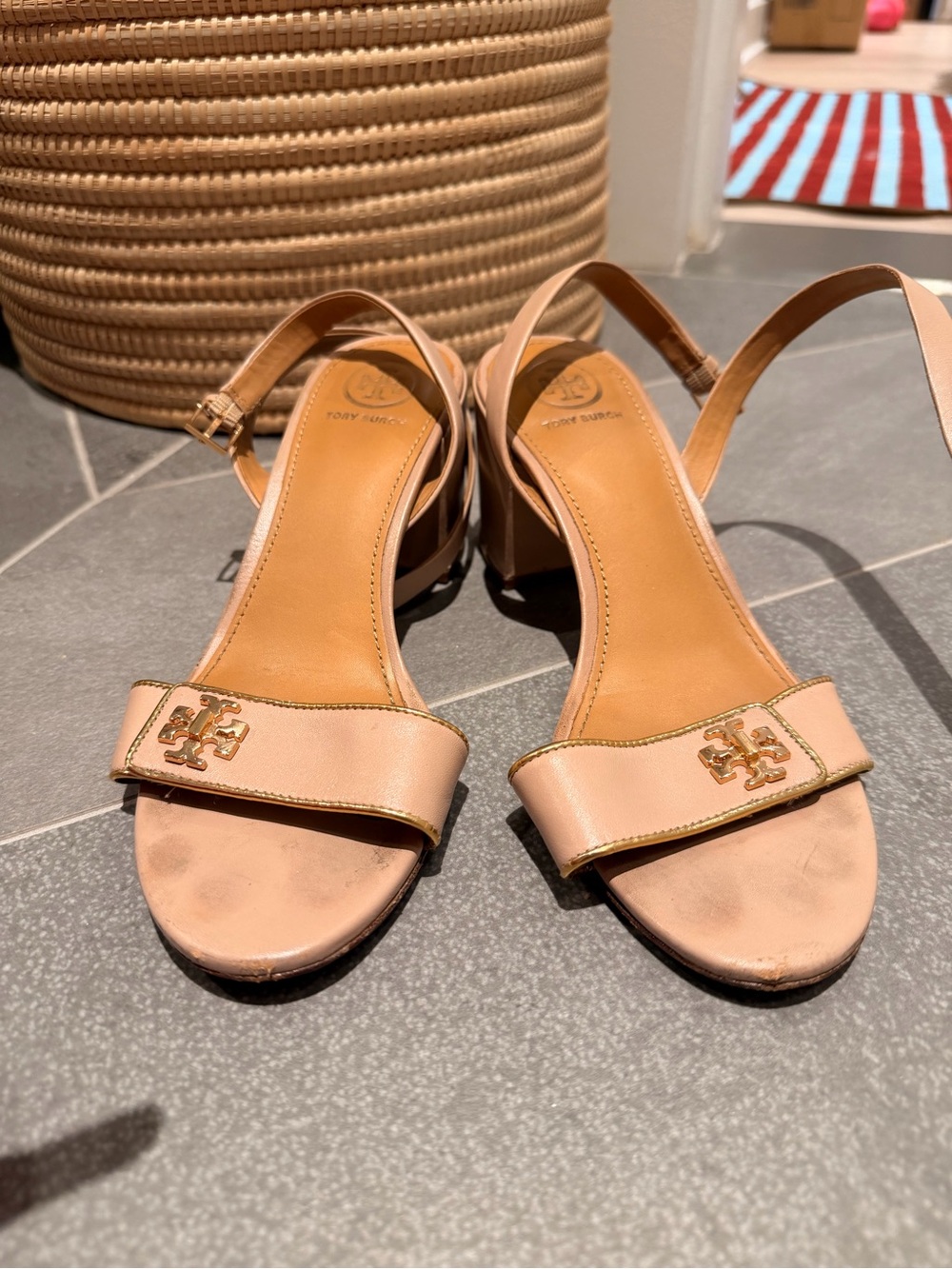Tory Burch Blush Leather Low Block Heel Slingback Sandals